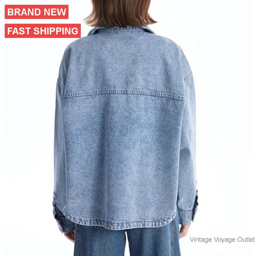 Oversized Denim Jacket with Pockets, Button Up Lo… - image 2
